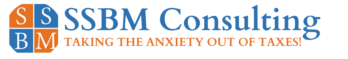 SSBM Consulting logo in blue and orange, featuring the tagline 'Taking the Anxiety Out of Taxes' beneath the company name.