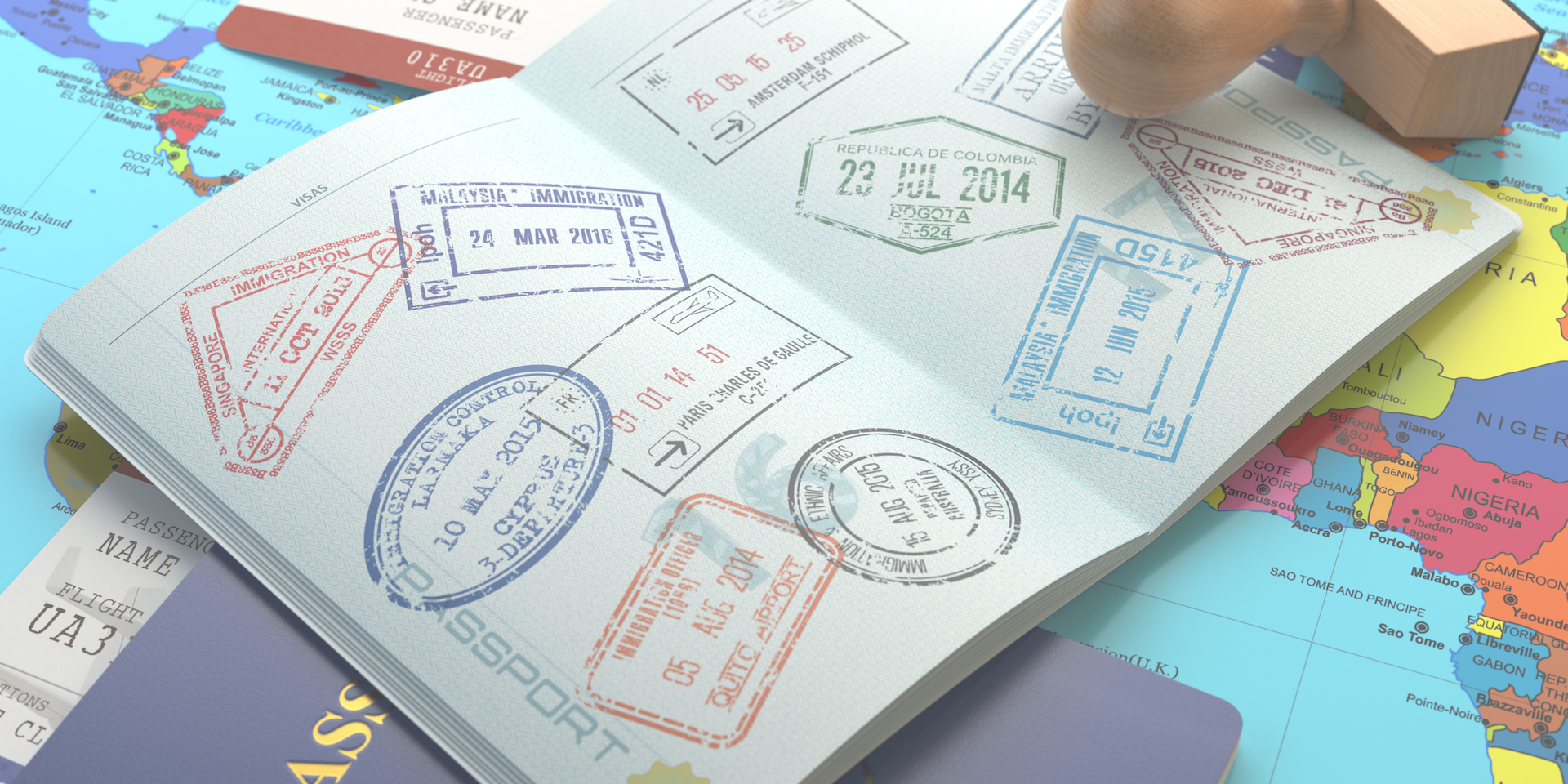 Passport book with multiple entry and exit stamps symbolizing international travel.